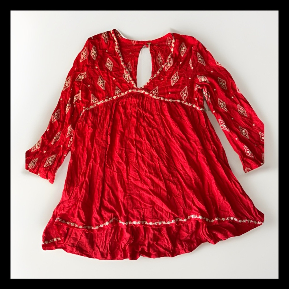 Free People Shirt Womens Sz S RED Diamond Tunic Boho Hippie Artsy